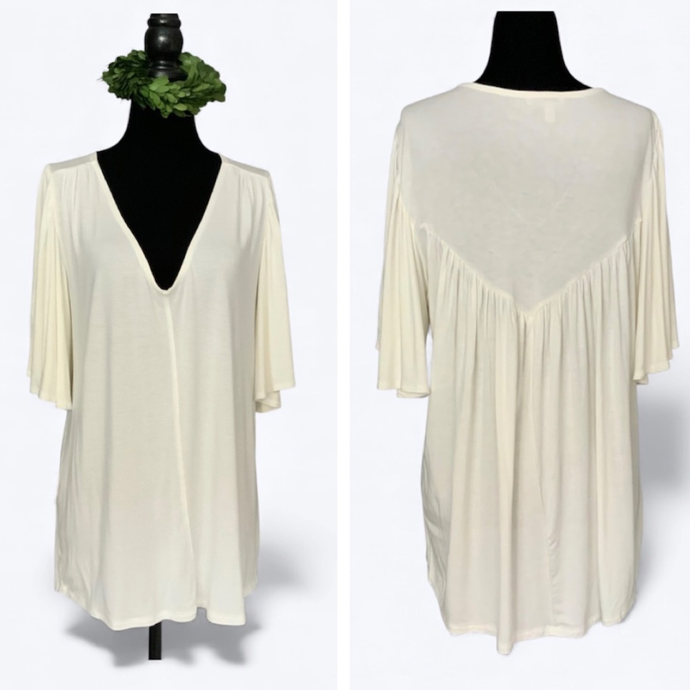Anthropologie Bordeaux Ivory Jersey Angel Sleeve Gathered Back Tunic Top SZ S